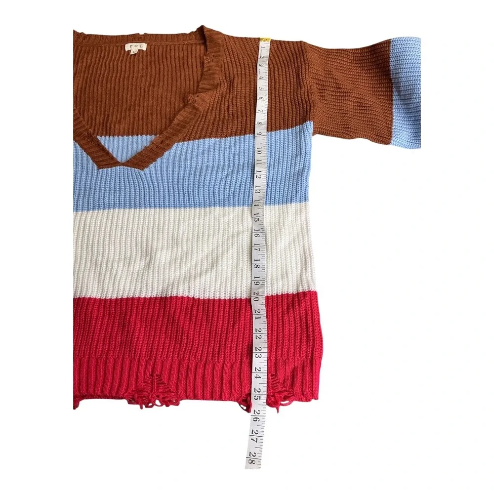 POL Striped V Neck Distressed Sweater‎ Size L Brown Blue White Red